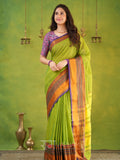 Narayanpet Parrot Green Cotton Saree by Raag Varnam | Mercerized Finish With 2 Blouses Included