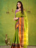 Narayanpet Parrot Green Cotton Saree by Raag Varnam | Mercerized Finish With 2 Blouses Included