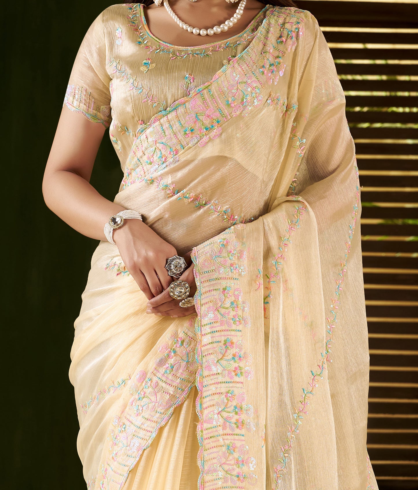 Beige Jimmy Choo Fabric Saree with Multi Thread Embroidered Work for Women
