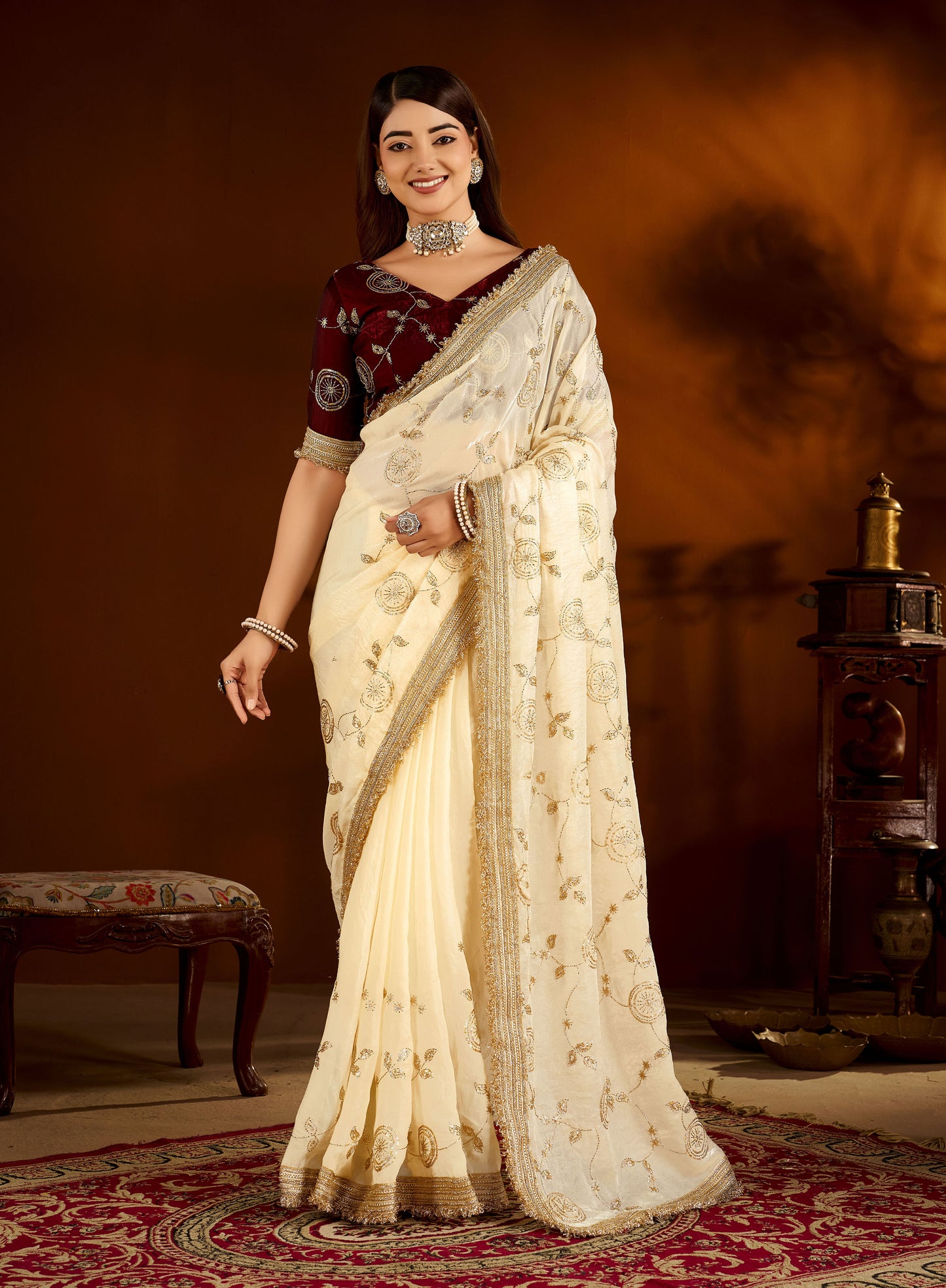Beige Color Satin Silk Saree with Maroon Blouse Heavy Embroidered Work