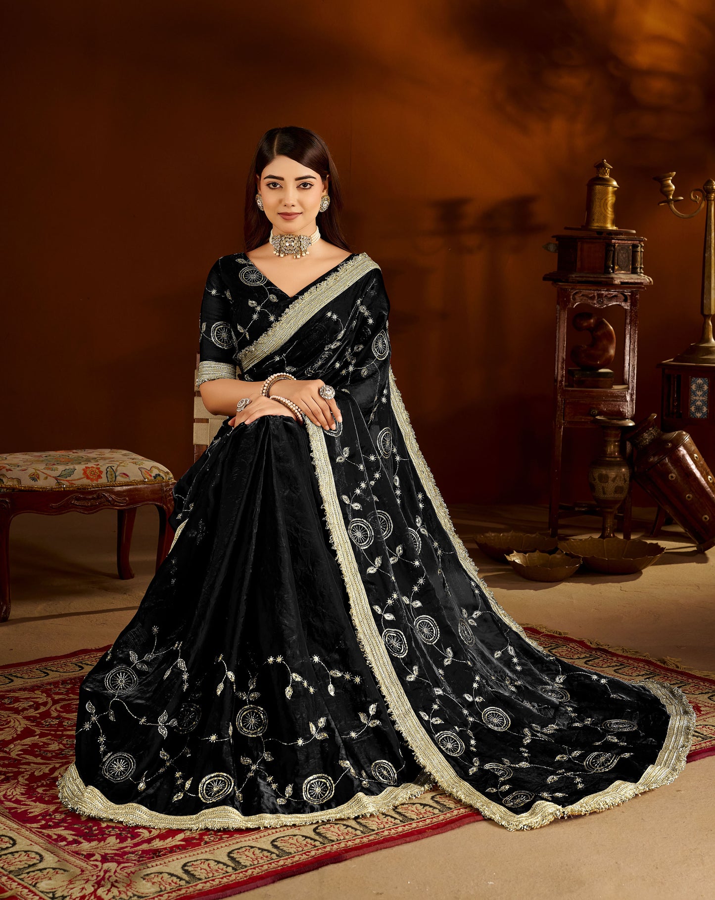 Black Satin Silk Saree with Heavy Embroidered Work
