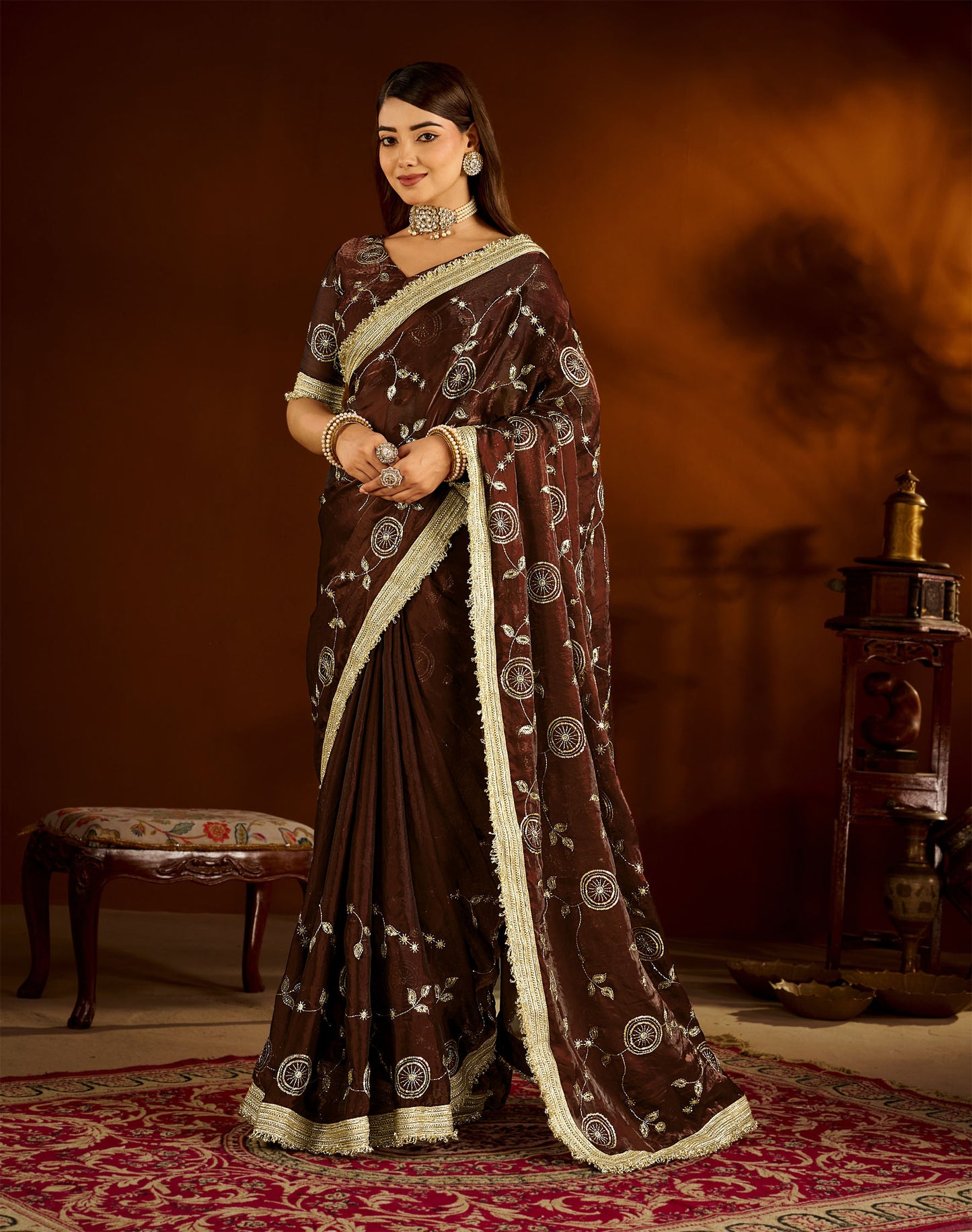Choclate Color Satin Silk Saree with Heavy Embroidered Work