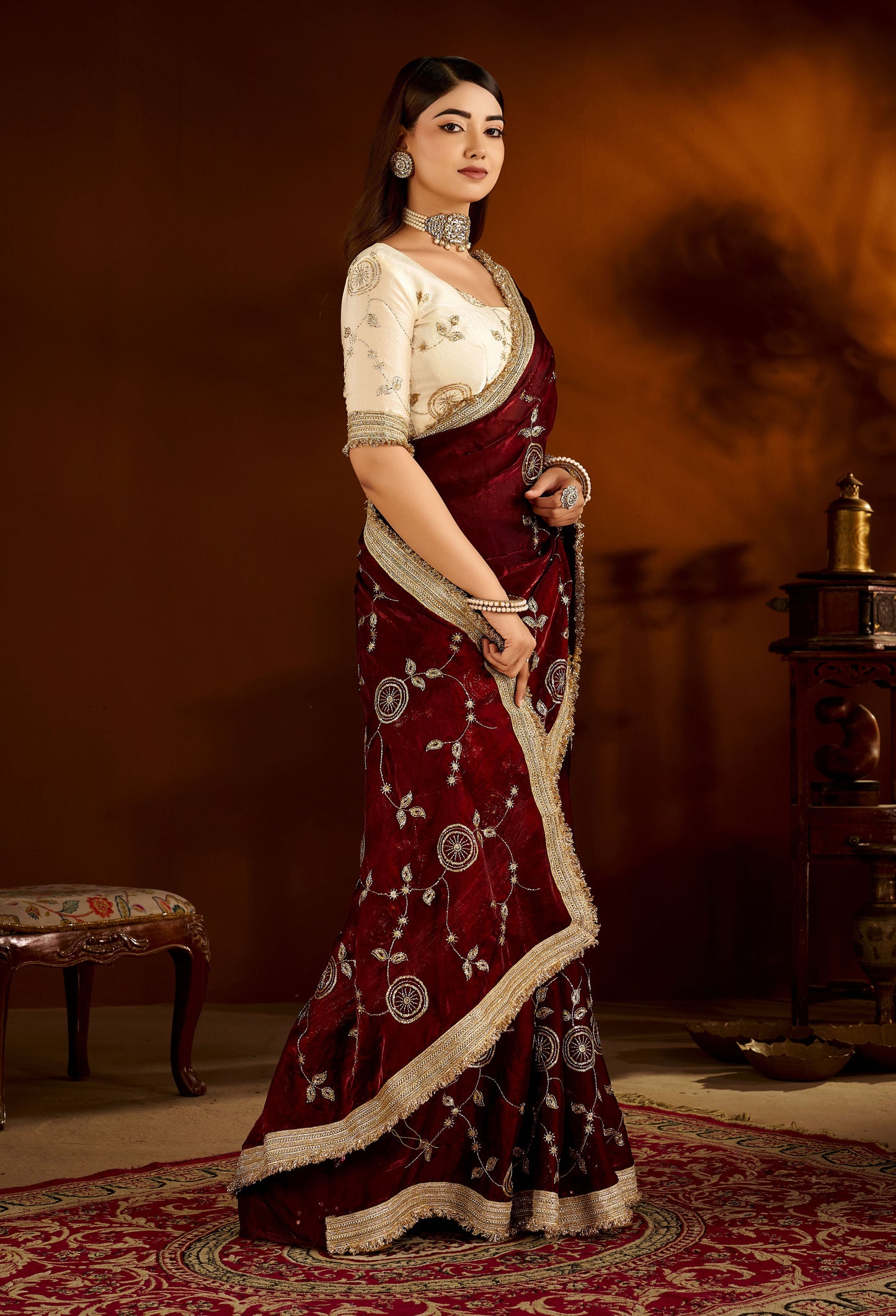 Maroon Color Satin Silk Saree with Beige Blouse Heavy Embroidered Work
