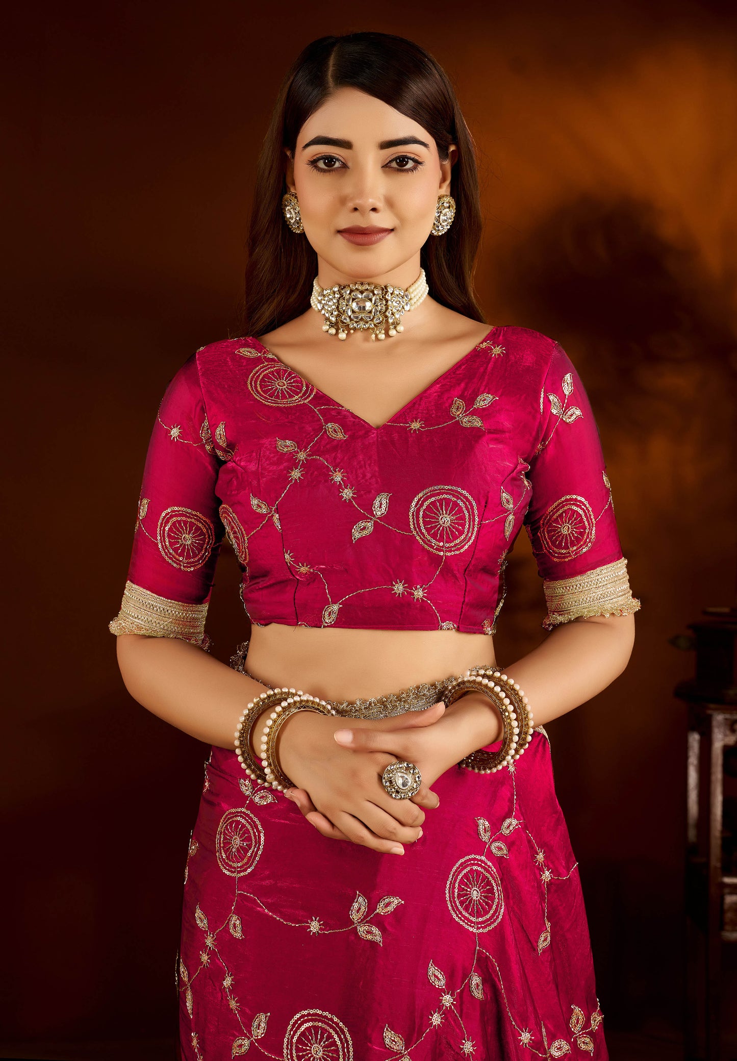 Pink Satin Silk Saree with Heavy Embroidered Work