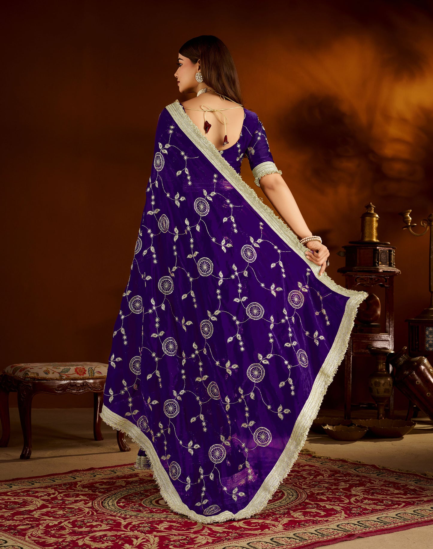 Violet Satin Silk Saree with Heavy Embroidered Work