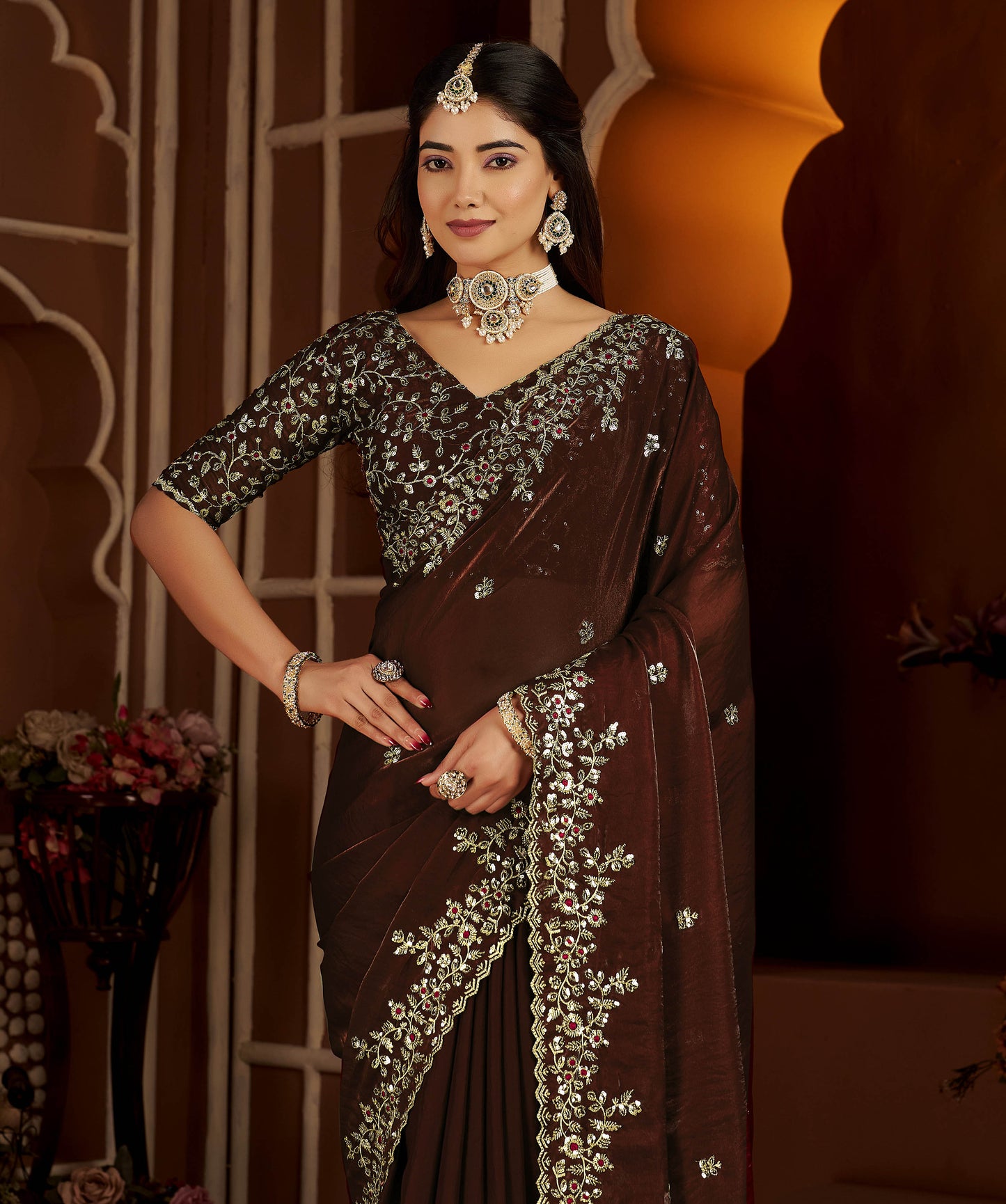 Chocolate Color Satin Silk Saree with Maroon Blouse Heavy Embroidered Work