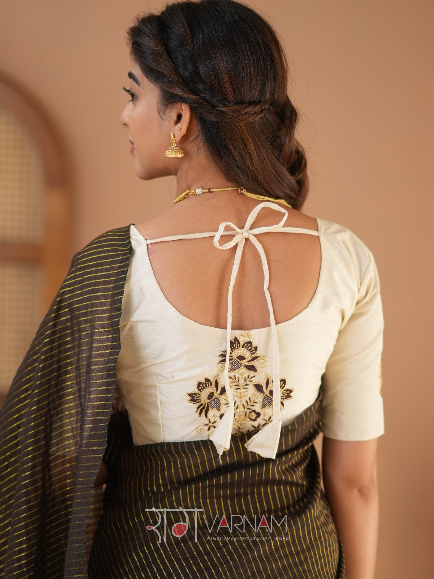 Raag Varnam Brown Stripe Cotton Saree Designer Work Blouse