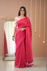 Raag Varnam Pink Stripe Cotton Saree with Floral Designer Blouse