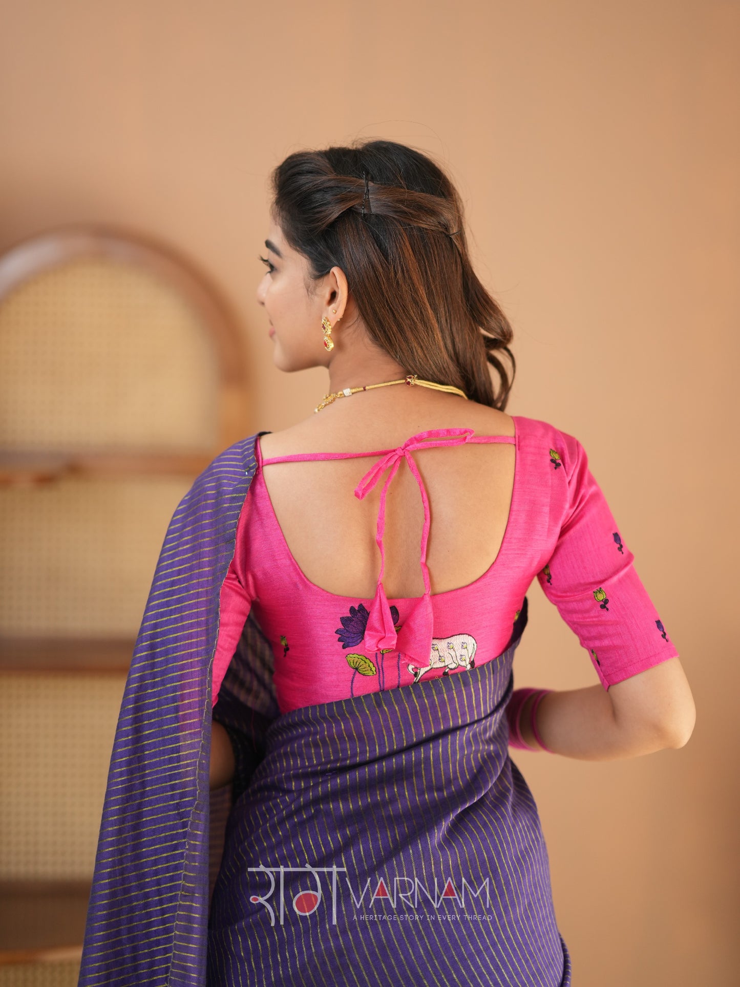 Raag Varnam Violet Stripe cotton Saree designer Work Blouse