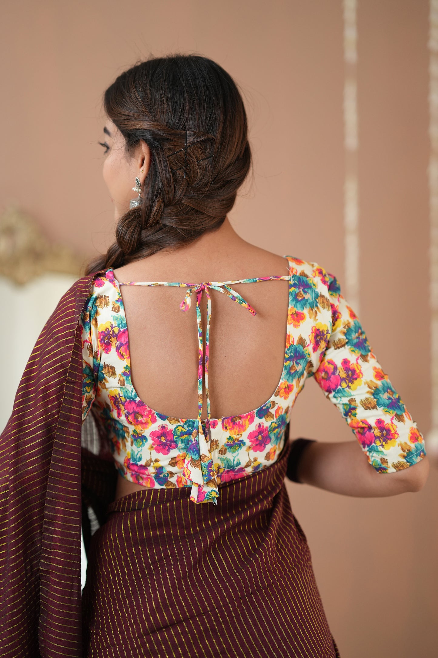 Raag Varnam Wine Stripes Cotton Saree with Elegant Designer Print Blouse