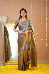 Raag Varnam Gold–Silver Handloom Tissue Saree with Designer Blouse