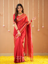 Raag Varnam Red Handloom Tissue Saree With Designer Blouse