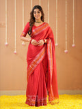 Raag Varnam Red Handloom Tissue Saree With Designer Blouse