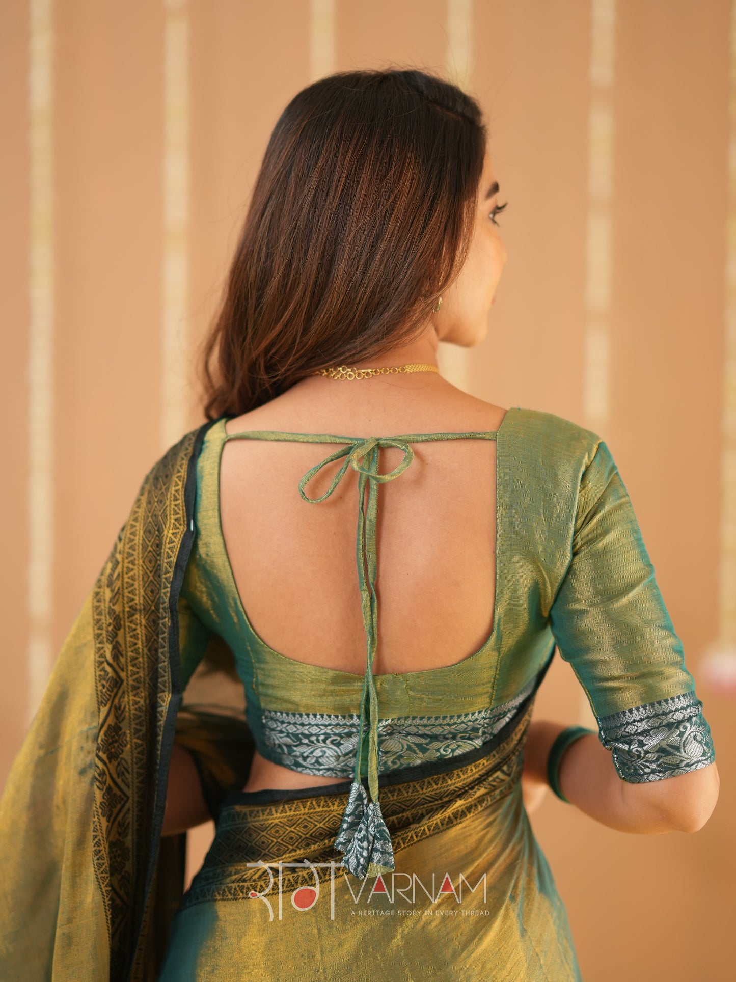 Raag Varnam Green Handloom Tissue Saree With Designer Blouse