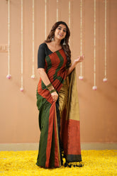 Raag Varnam Green Khadi Handloom Saree with Multicolour Border & Designer Blouse