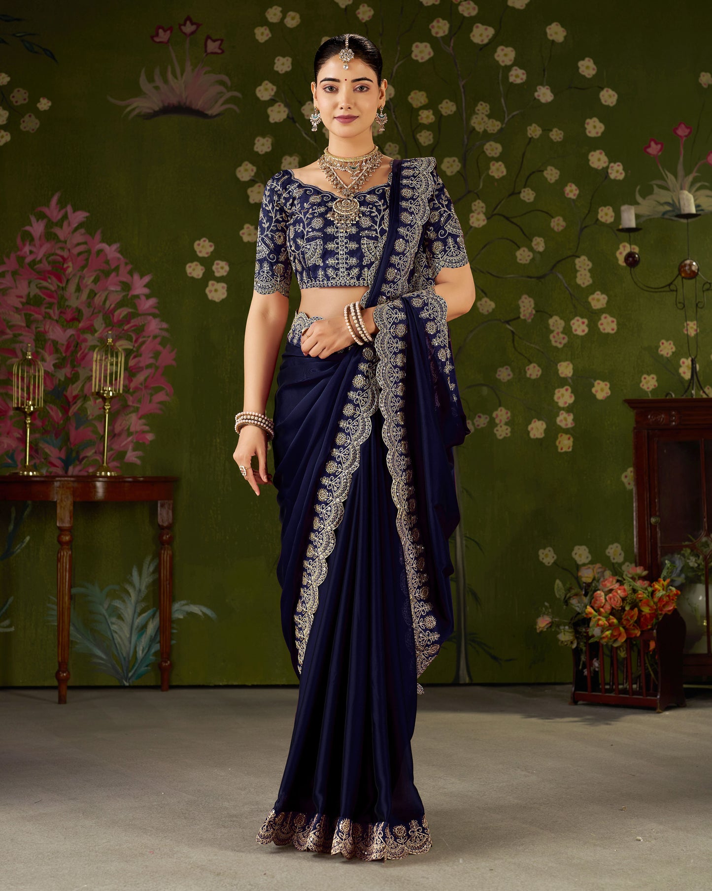 Navy Blue Rangoli Silk Saree with Embroidered Designer Blouse Piece