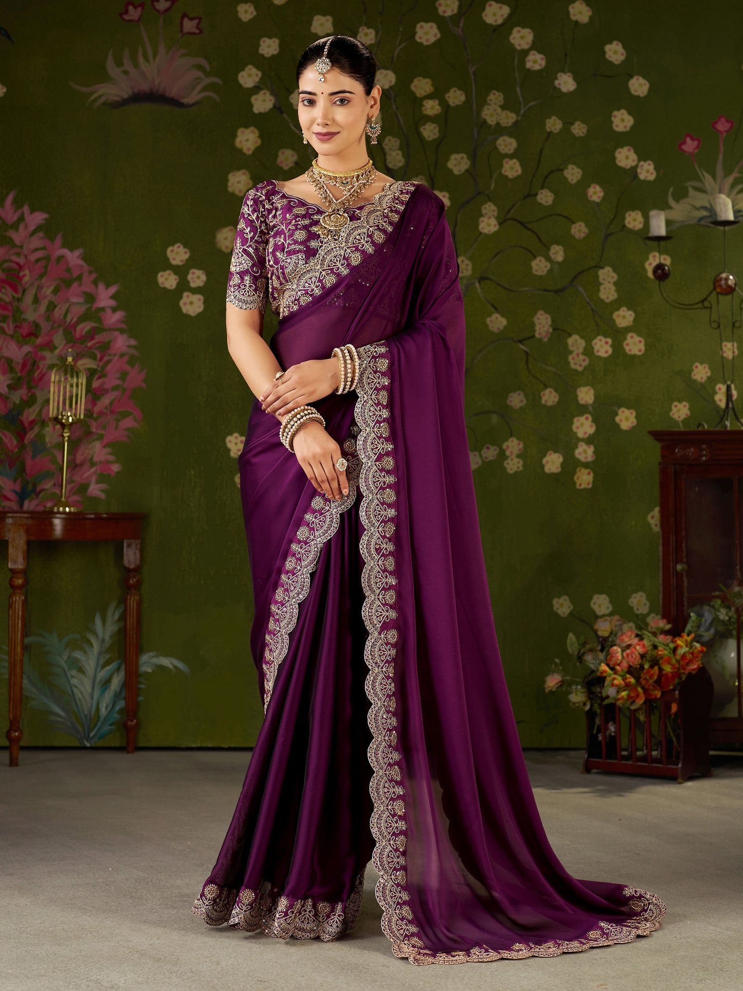 Wine Rangoli Silk Saree with Embroidered Designer Blouse Piece