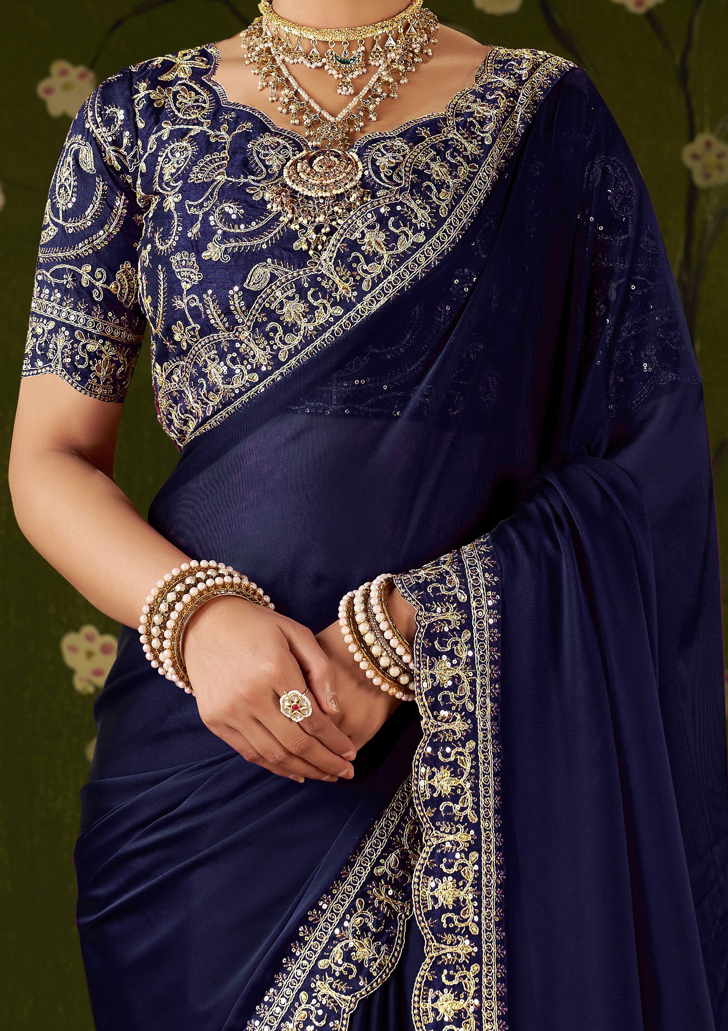 Navy Blue Rangoli Silk Embroidered Cutwork Lace Saree for Women with Designer Blouse Piece
