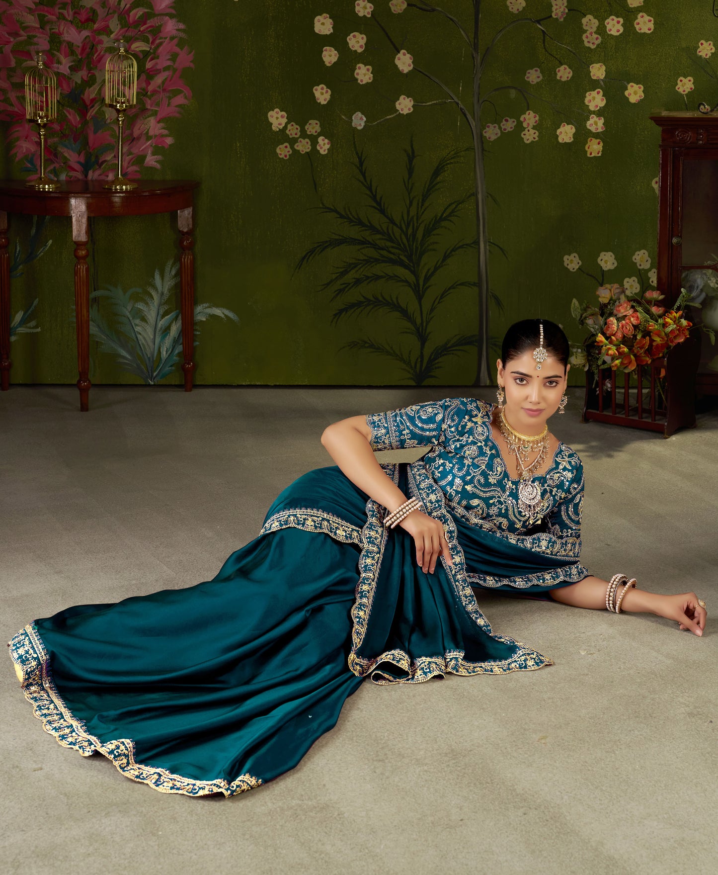 Rama Green Rangoli Silk Embroidered Cutwork Lace Saree for Women with Designer Blouse Piece