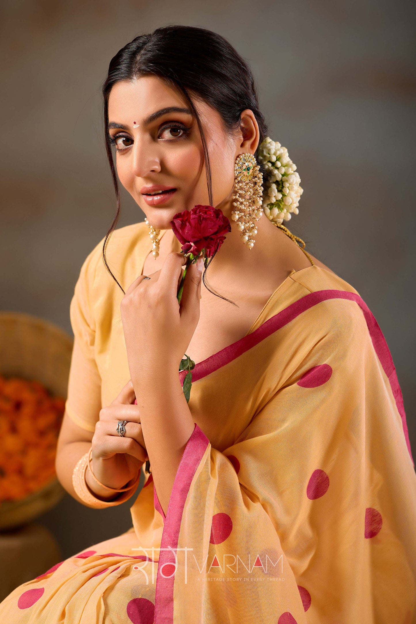 Raag Varnam Yellow Handloom Print Cotton Saree