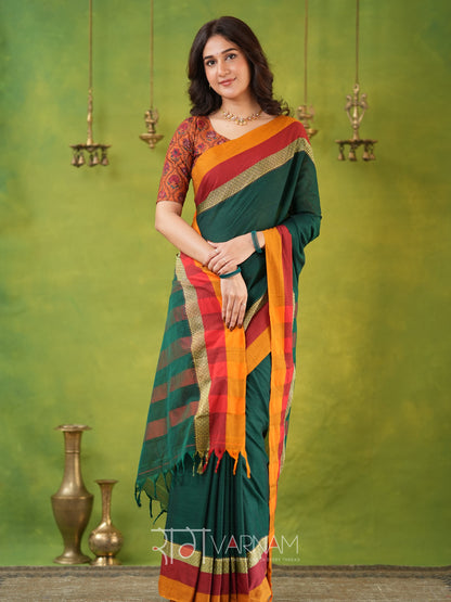 Narayanpet Green Cotton Saree by Raag Varnam | Mercerized Finish With 2 Blouses Included