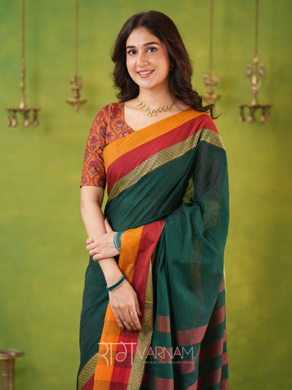 Narayanpet Green Cotton Saree by Raag Varnam | Mercerized Finish With 2 Blouses Included