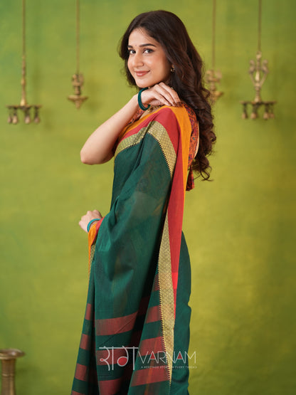 Narayanpet Green Cotton Saree by Raag Varnam | Mercerized Finish With 2 Blouses Included
