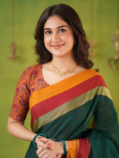 Narayanpet Green Cotton Saree by Raag Varnam | Mercerized Finish With 2 Blouses Included
