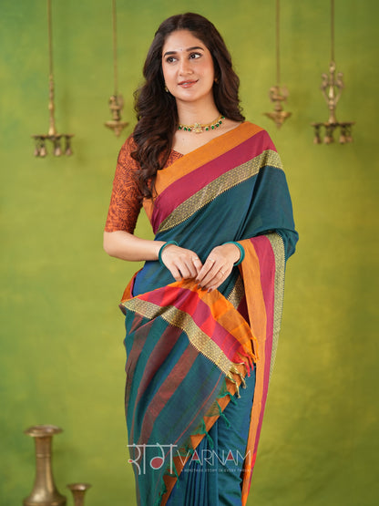 Narayanpet Rama Green Cotton Saree by Raag Varnam | Mercerized Finish With 2 Blouses Included