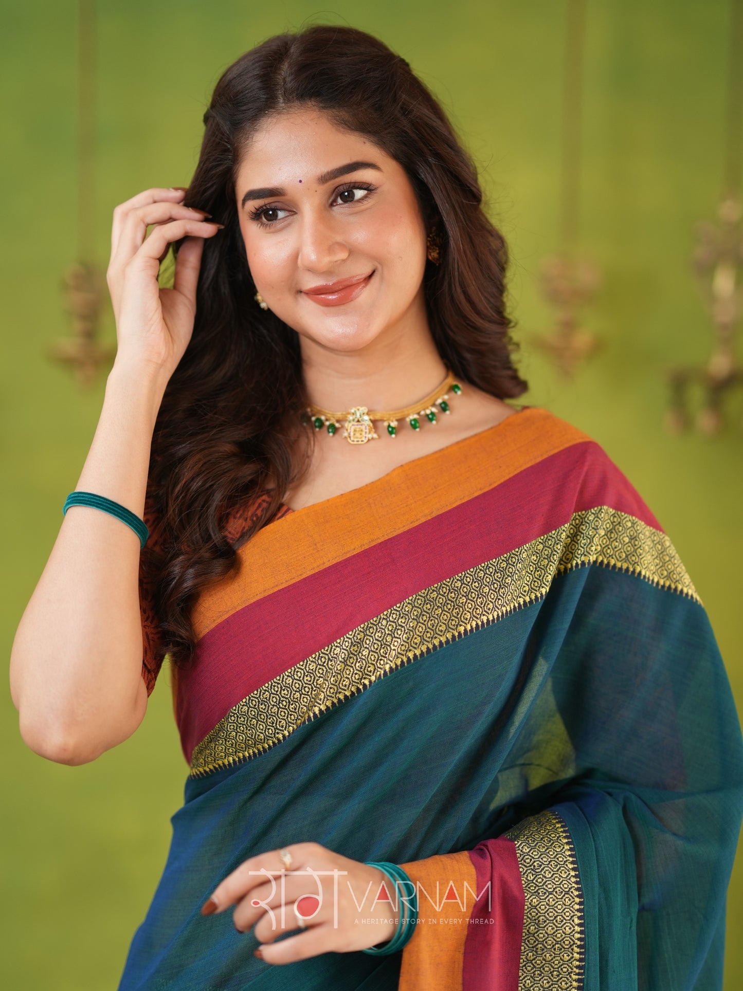 Narayanpet Rama Green Cotton Saree by Raag Varnam | Mercerized Finish With 2 Blouses Included