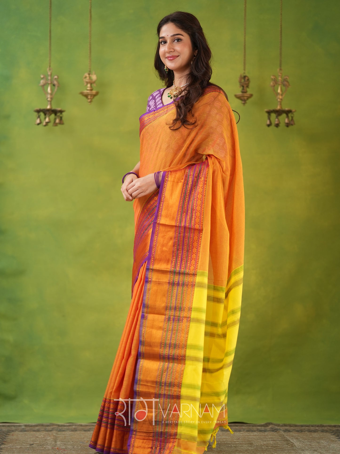 Narayanpet Mustrad Yellow Cotton Saree by Raag Varnam | Mercerized Finish With 2 Blouses Included