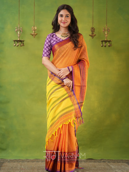 Narayanpet Mustrad Yellow Cotton Saree by Raag Varnam | Mercerized Finish With 2 Blouses Included