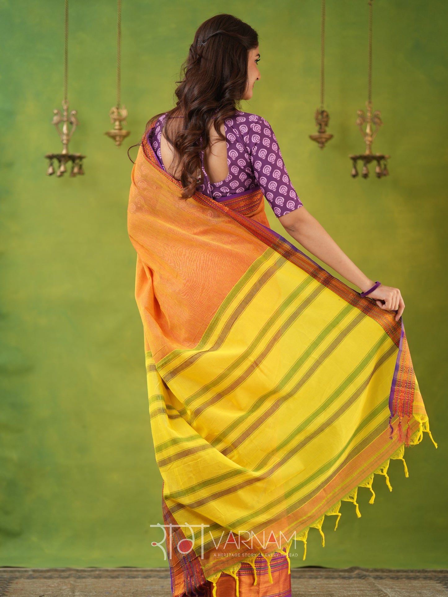 Narayanpet Mustrad Yellow Cotton Saree by Raag Varnam | Mercerized Finish With 2 Blouses Included