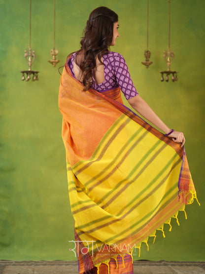 Narayanpet Mustrad Yellow Cotton Saree by Raag Varnam | Mercerized Finish With 2 Blouses Included