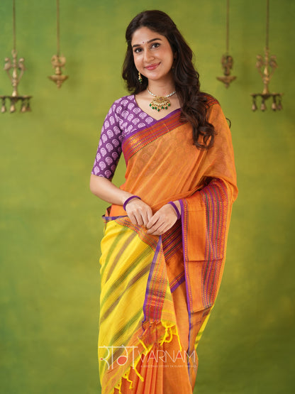 Narayanpet Mustrad Yellow Cotton Saree by Raag Varnam | Mercerized Finish With 2 Blouses Included