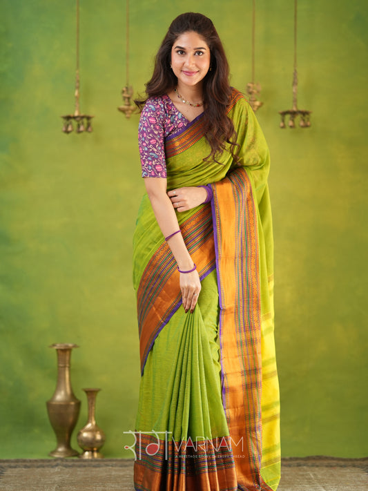 Narayanpet Parrot Green Cotton Saree by Raag Varnam | Mercerized Finish With 2 Blouses Included