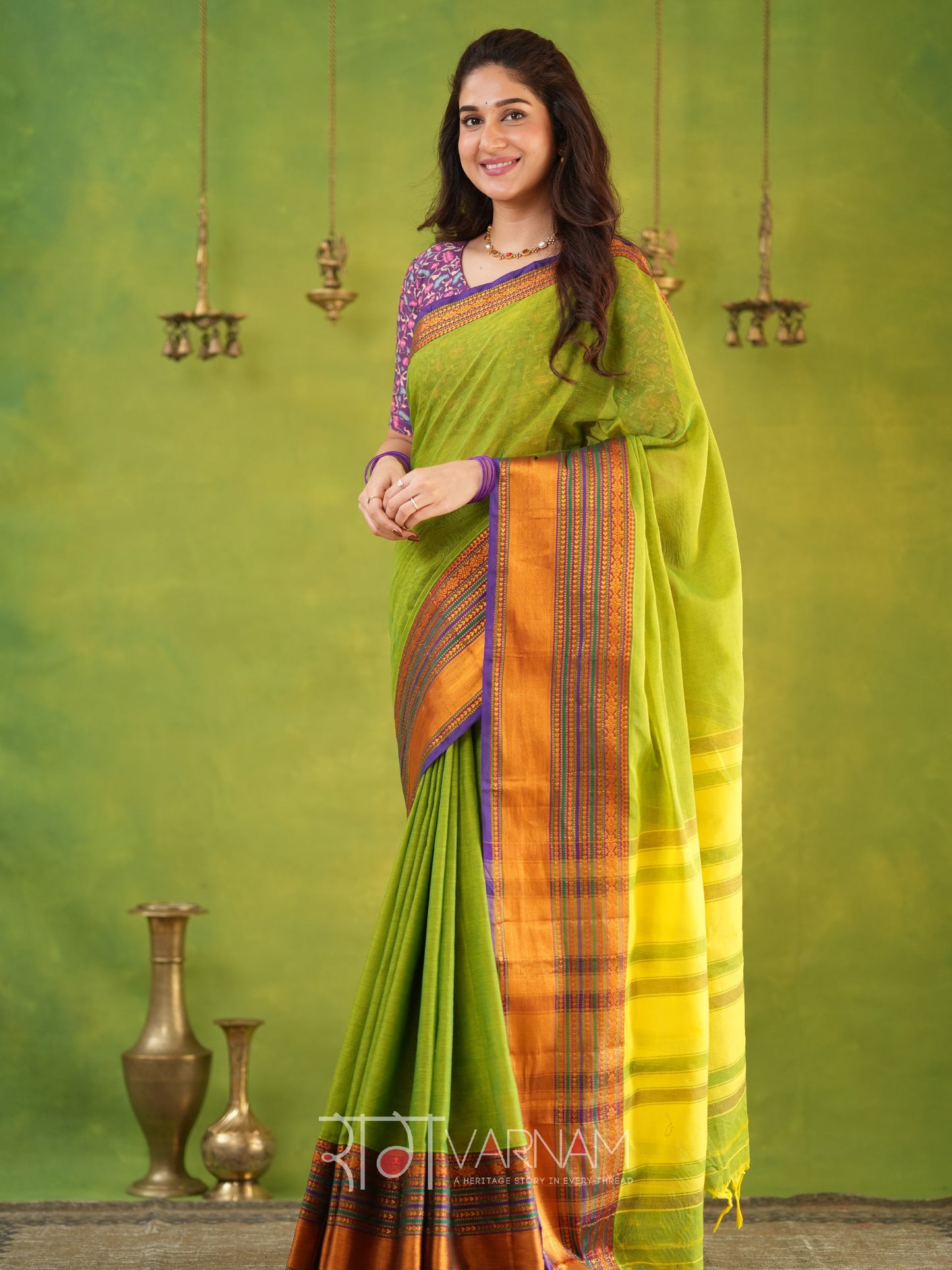 Narayanpet Parrot Green Cotton Saree by Raag Varnam | Mercerized Finish With 2 Blouses Included