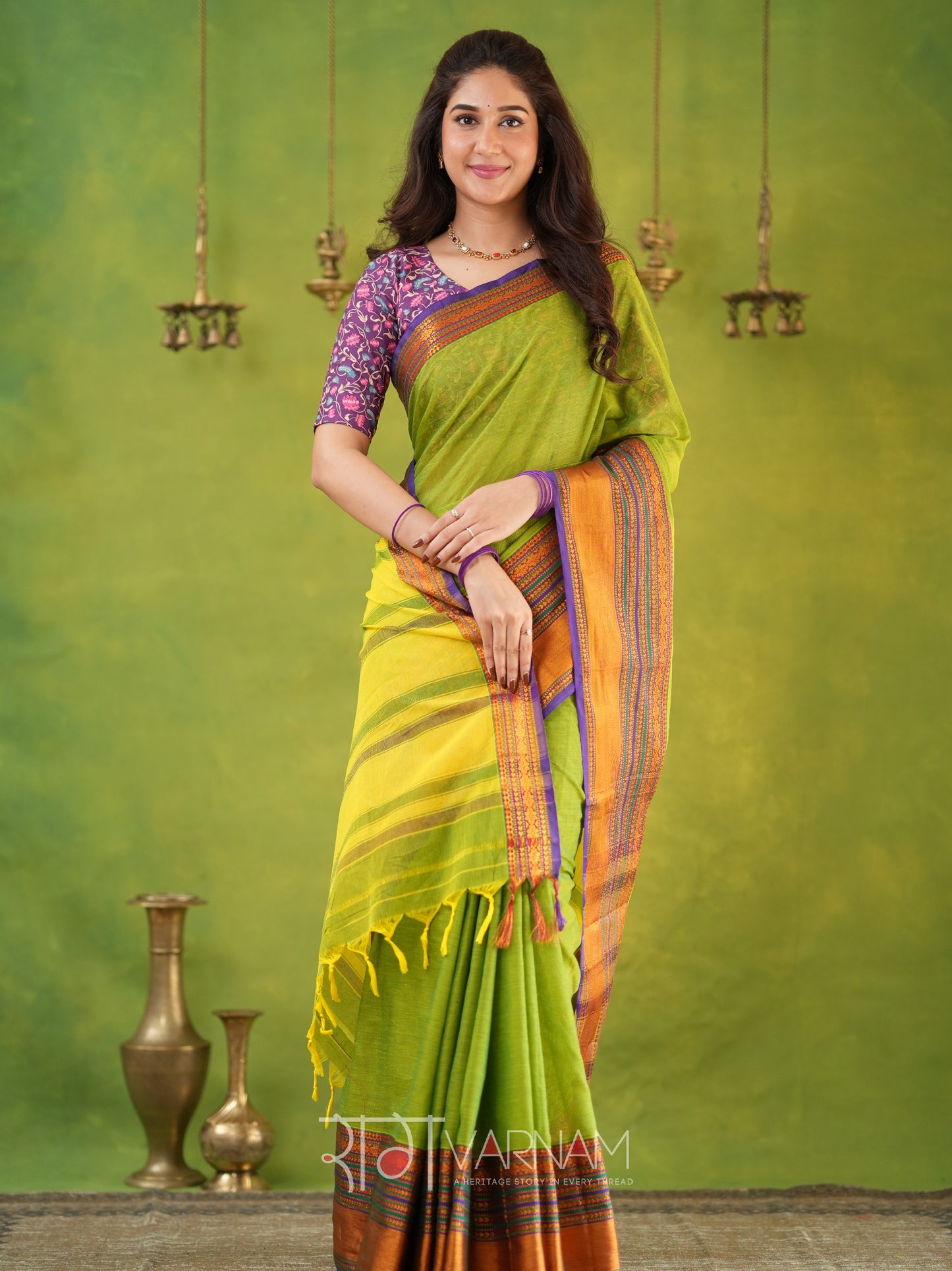 Narayanpet Parrot Green Cotton Saree by Raag Varnam | Mercerized Finish With 2 Blouses Included