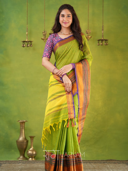 Narayanpet Parrot Green Cotton Saree by Raag Varnam | Mercerized Finish With 2 Blouses Included