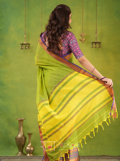 Narayanpet Parrot Green Cotton Saree by Raag Varnam | Mercerized Finish With 2 Blouses Included