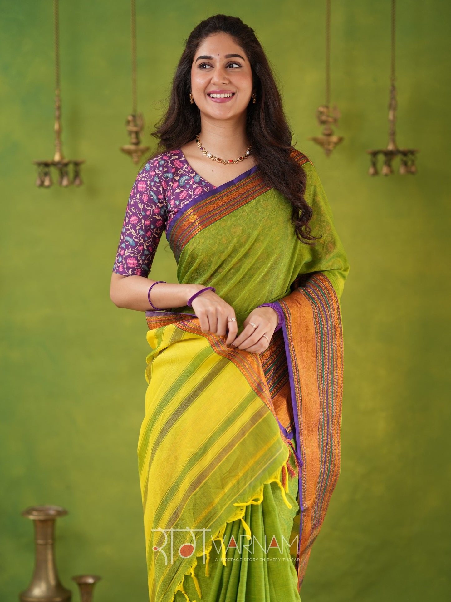 Narayanpet Parrot Green Cotton Saree by Raag Varnam | Mercerized Finish With 2 Blouses Included