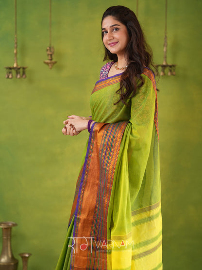 Narayanpet Parrot Green Cotton Saree by Raag Varnam | Mercerized Finish With 2 Blouses Included