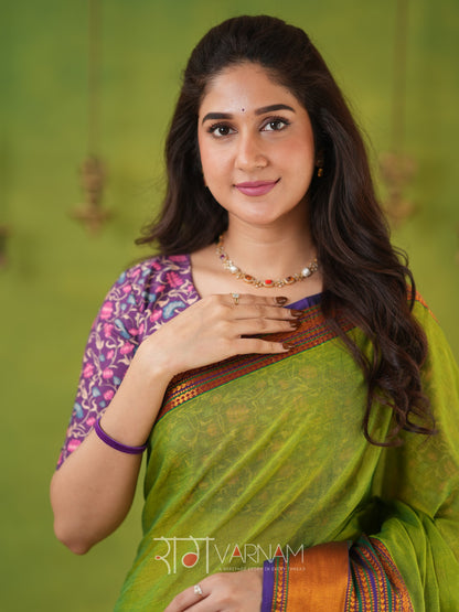 Narayanpet Parrot Green Cotton Saree by Raag Varnam | Mercerized Finish With 2 Blouses Included
