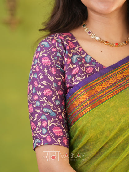 Narayanpet Parrot Green Cotton Saree by Raag Varnam | Mercerized Finish With 2 Blouses Included