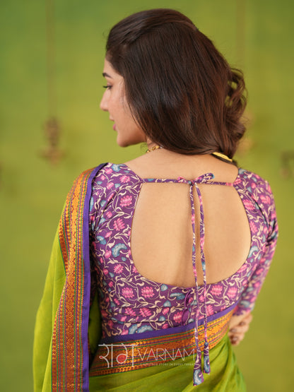 Narayanpet Parrot Green Cotton Saree by Raag Varnam | Mercerized Finish With 2 Blouses Included