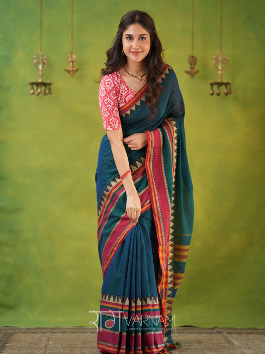 Narayanpet Green Cotton Saree by Raag Varnam | Mercerized Finish With 2 Blouses Included