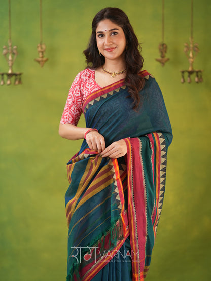 Narayanpet Green Cotton Saree by Raag Varnam | Mercerized Finish With 2 Blouses Included