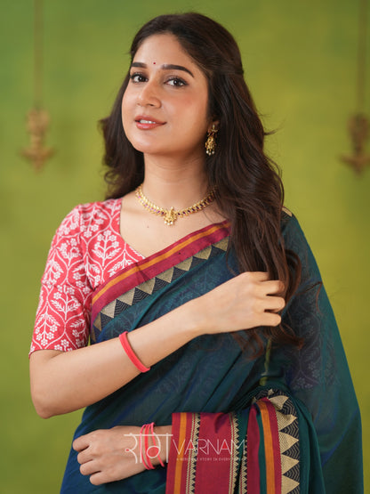 Narayanpet Green Cotton Saree by Raag Varnam | Mercerized Finish With 2 Blouses Included
