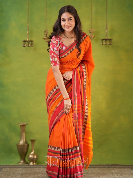 Narayanpet Orange Cotton Saree by Raag Varnam | Mercerized Finish With 2 Blouses Included