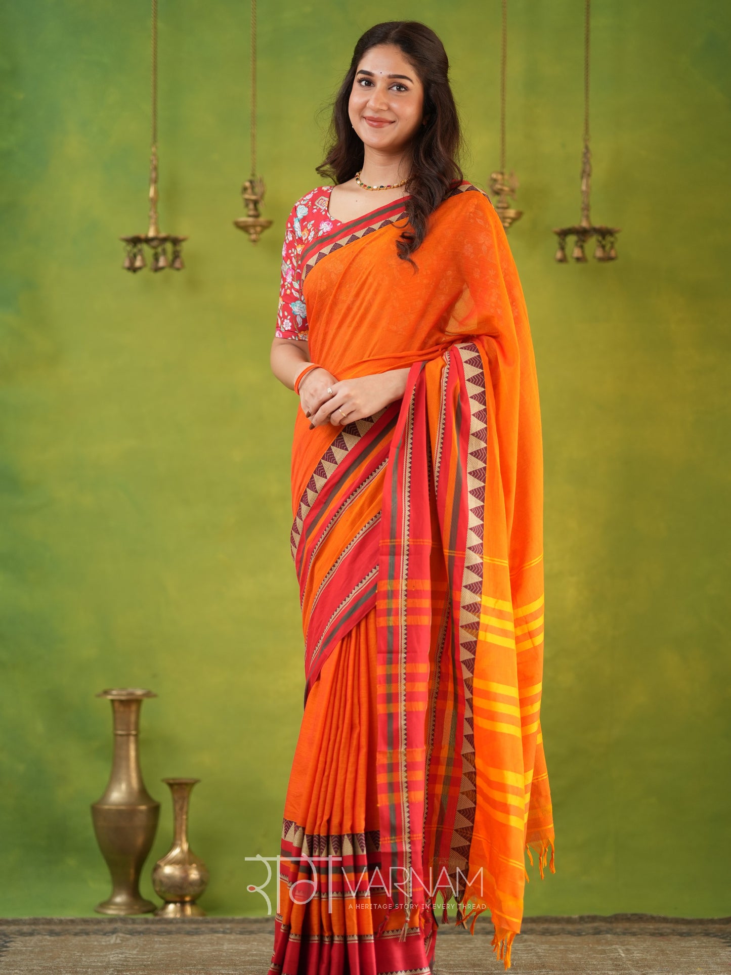 Narayanpet Orange Cotton Saree by Raag Varnam | Mercerized Finish With 2 Blouses Included